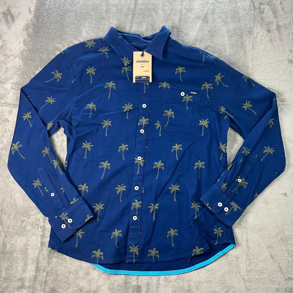 Chubbies The Evergreen Palm Shirt Mens Medium Blue Palm Tree Classic Flannel LS
